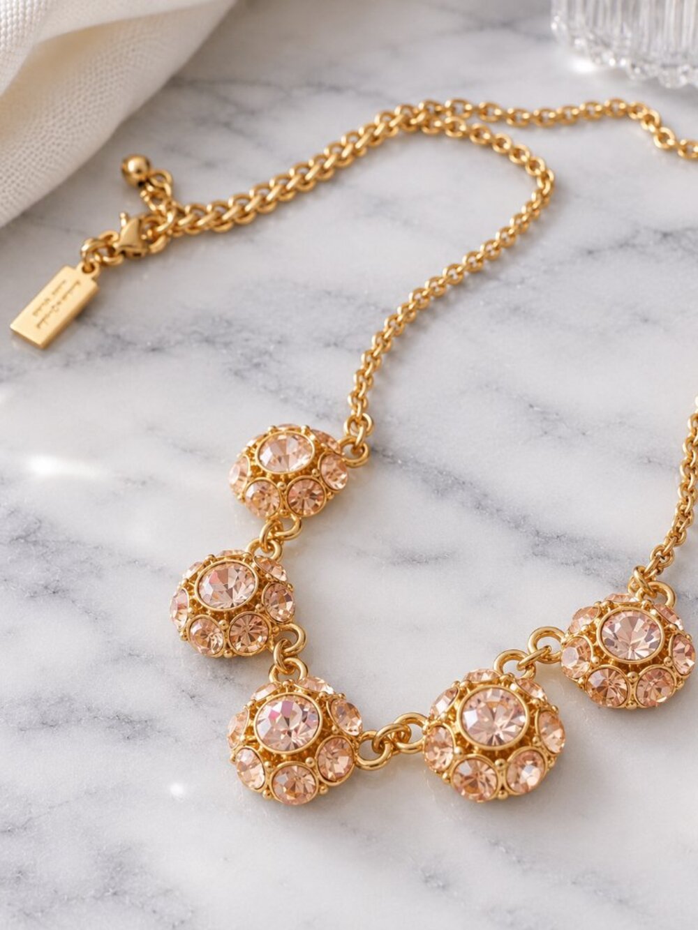Kate Spade Gold Tone Crystal Cluster Statement Necklace Peach Champagne Stones